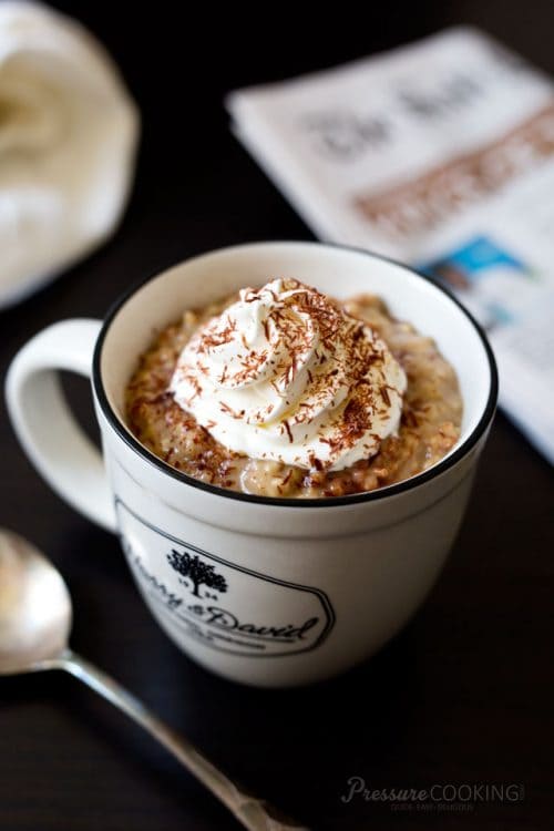 Vanilla-Latte-Steel-Cut-Oats in a white coffee cup