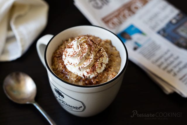 a mug filled with Pressure Cooker (Instant Pot) Vanilla Latte Steel Cut Oats