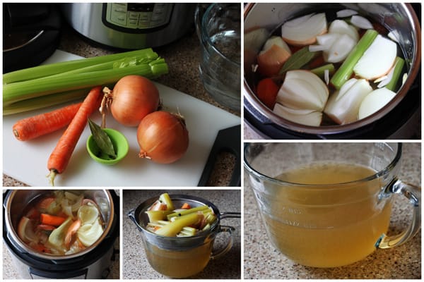 collage of making vegetable broth in the Instant Pot, with the diced veggies in the instant pot and then in the strainer, then the clear broth