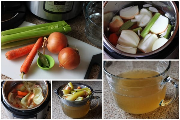 collage of making vegetable broth in the Instant Pot, with the diced veggies in the instant pot and then in the strainer, then the clear broth