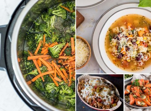 a collage of four images that feature Instant Pot recipes with vegetables. the left features an overhead shot looking into a pressure cooker pot filled with broccoli, carrots, and spices, the top right image features a bowl of garden minestrone soup, the middle right features a serving dish of green pepper casserole, and the bottom right features glazed carrots