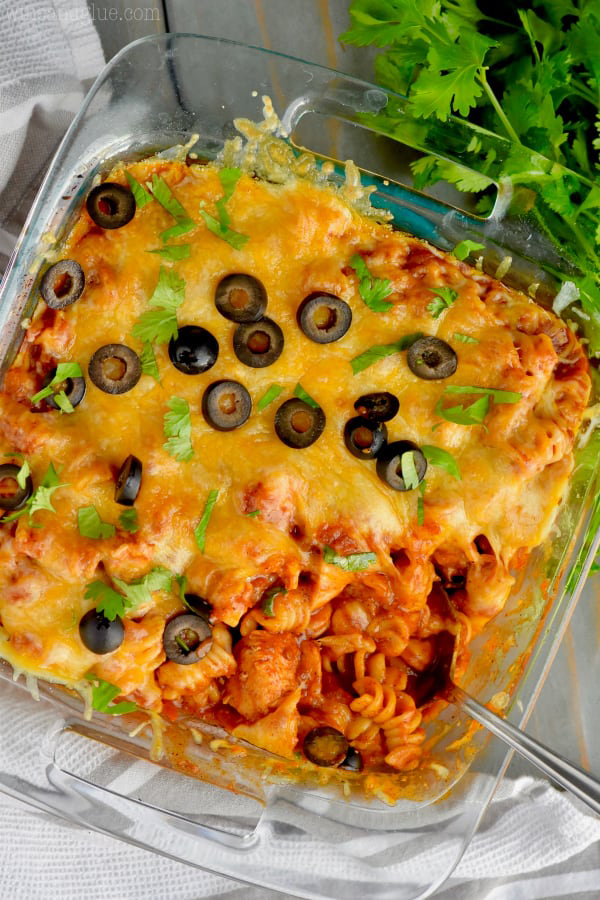 overhead shot of Instant Pot Chicken Enchilada Pasta from Wine and Glue's review of the Electric Pressure Cooker Cookbook - featuring an overhead shot of rotini pasta and bite-sized chicken coated in red enchilada sauce, topped with melted cheese, and garnished with black olives and cilantro