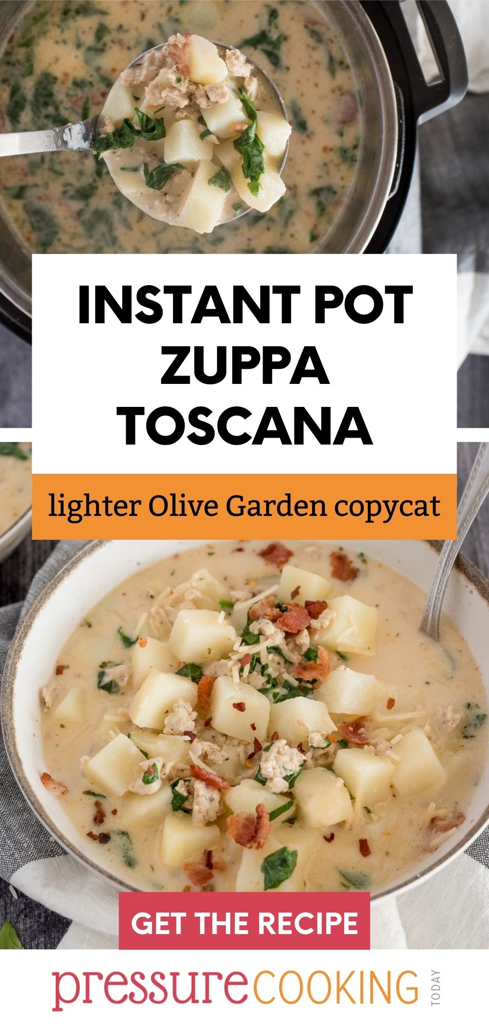 Instant Pot Zuppa Toscana is an Olive Garden copycat made with tender potatoes, chicken sausage and bacon—but no heavy cream so it's lighter! #PressureCookingToday via @PressureCook2da