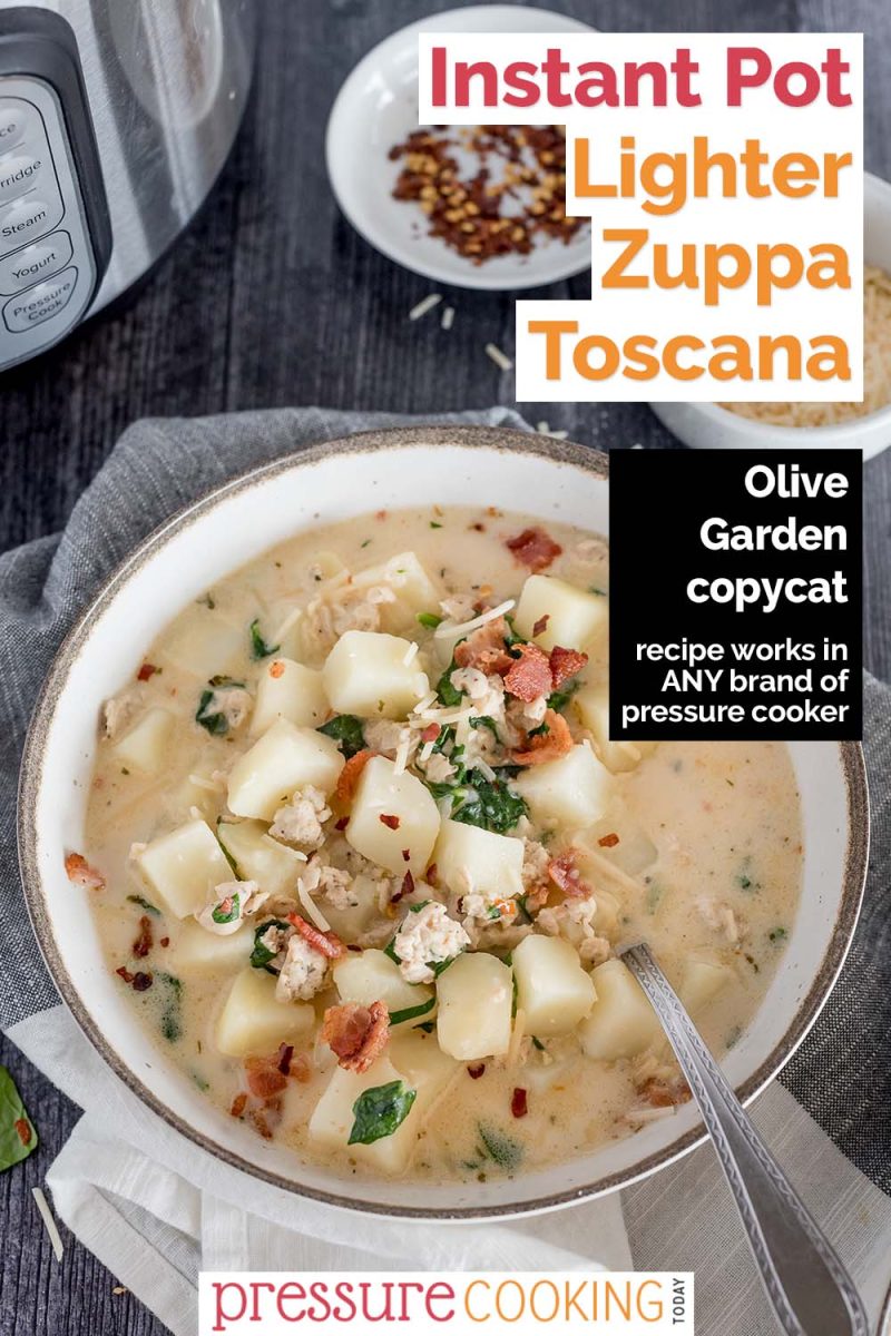 Pinterest button for Instant Pot Zuppa Toscana that features the recipe name over a photo of a rustic bowl of spicy italian soup, with an Instant Pot in the background
