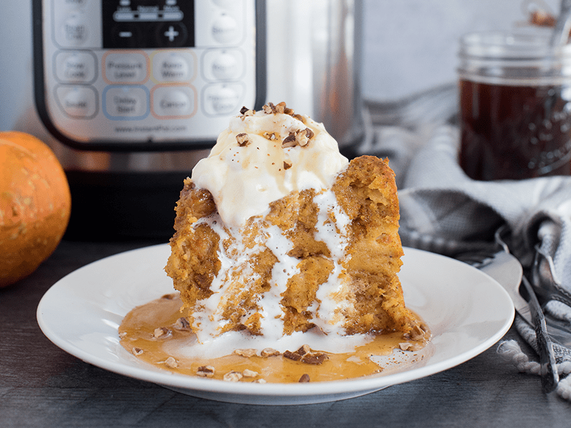 Instant Pot /Pressure Cooker Pumpkin Baked French Toast with an Instant Pot in the background